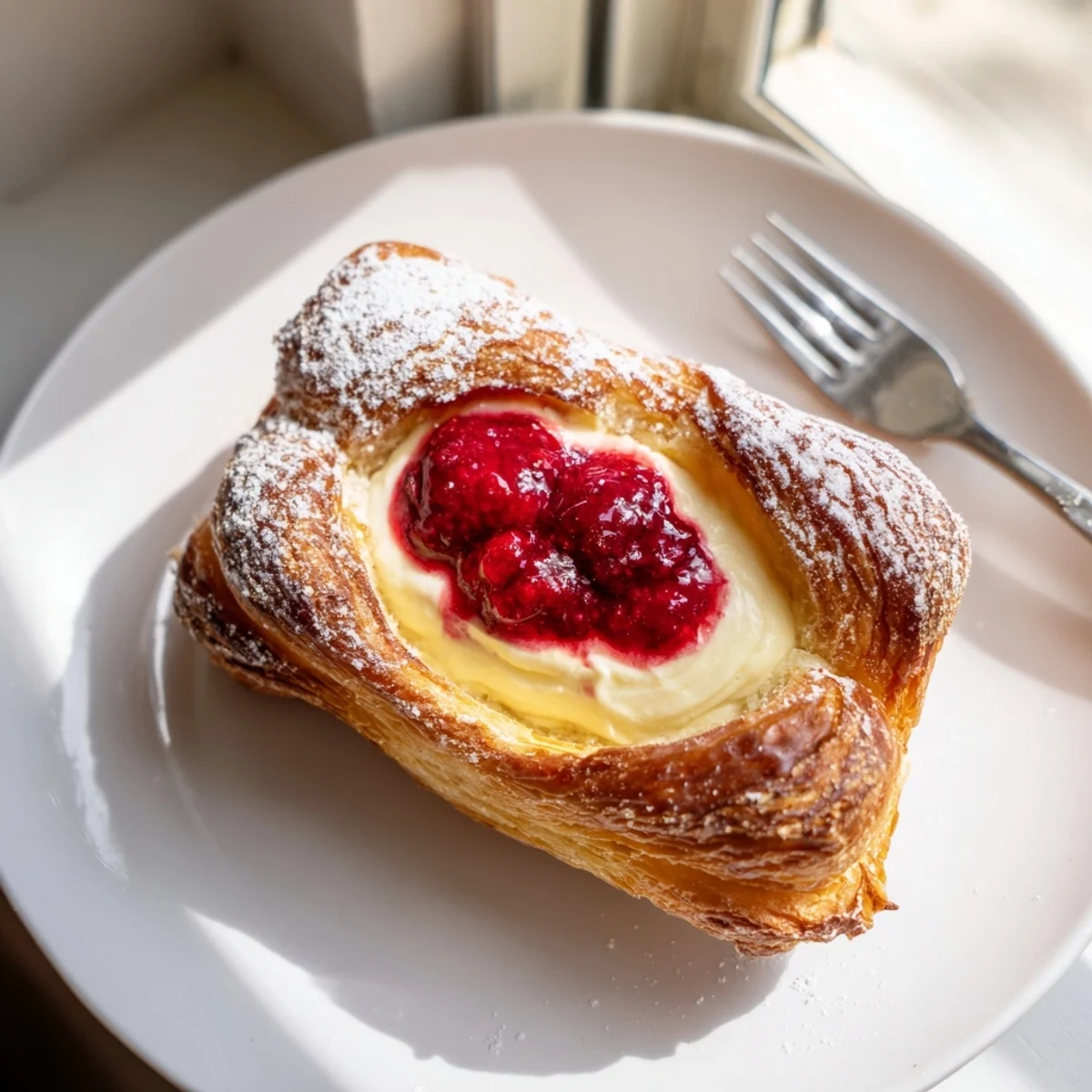 Flaky pastries filled with tangy cream cheese and bright red raspberries, perfect for a weekend brunch spread