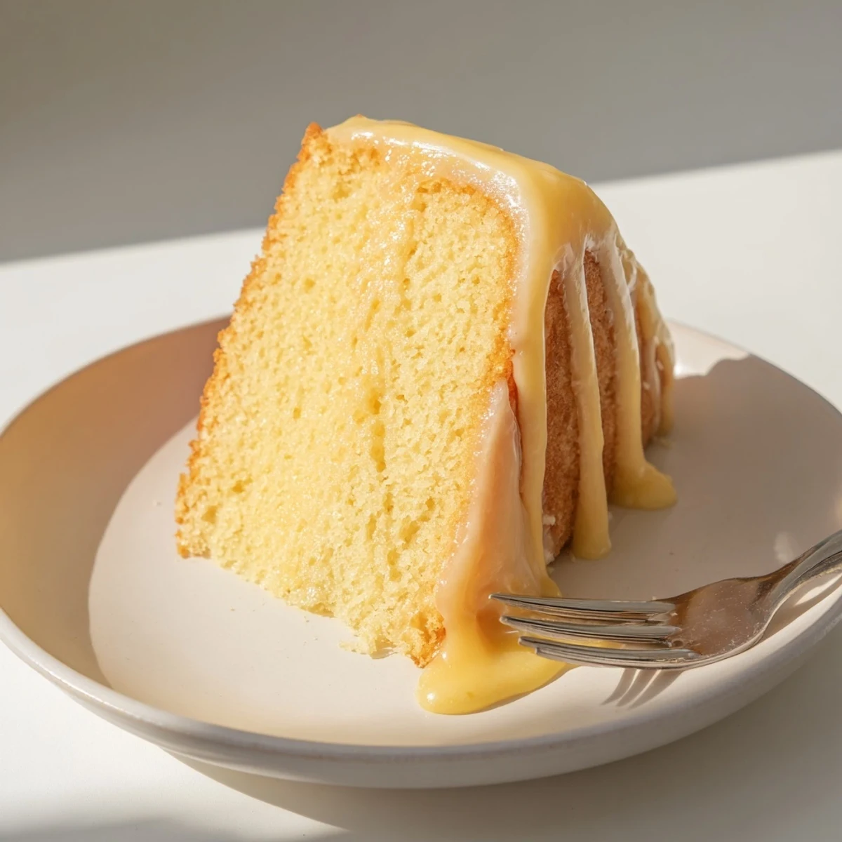 Golden church cake with vanilla glaze drizzled on a tender moist sponge slice