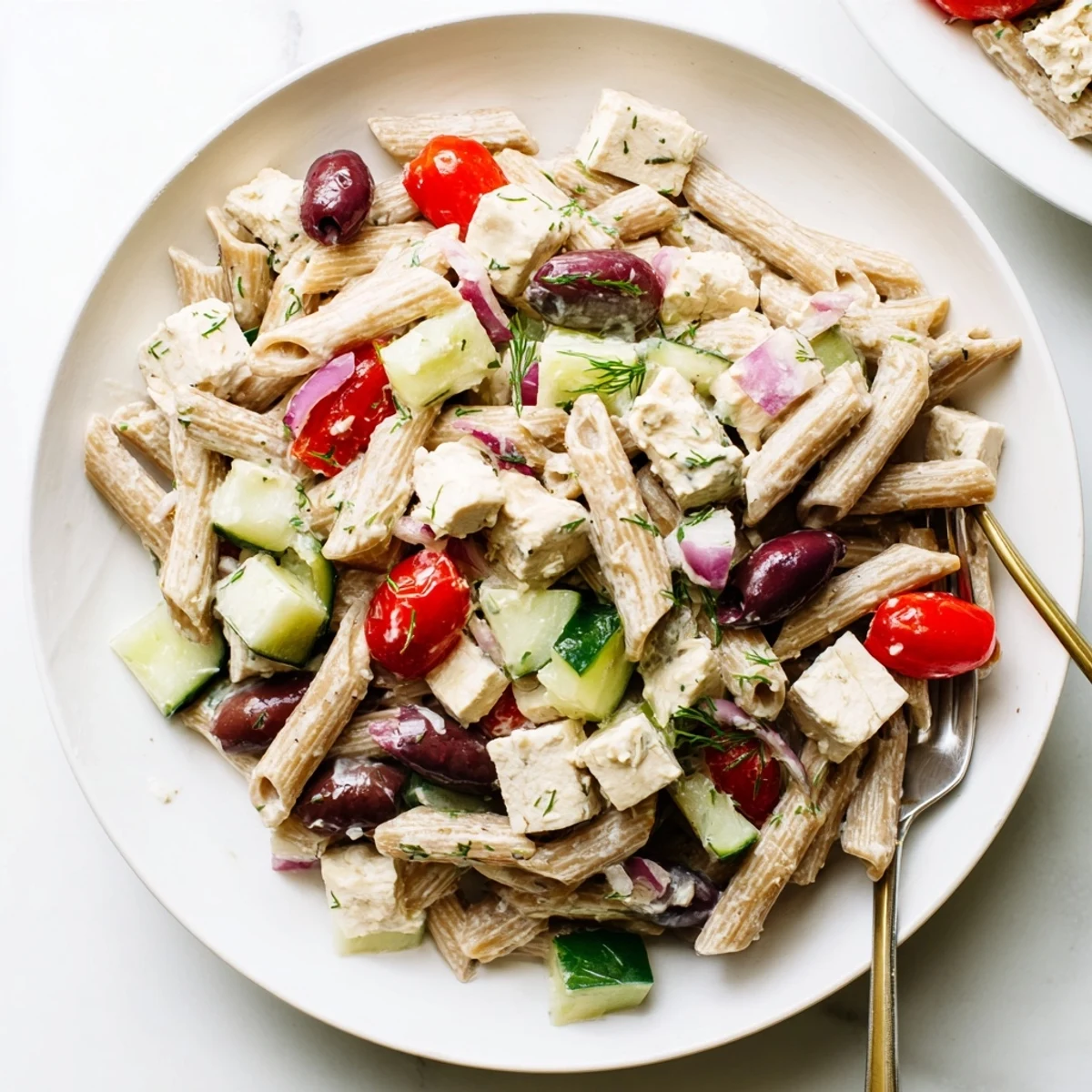Colorful High Protein Greek Pasta Salad loaded with juicy tomatoes, crisp cucumber, and creamy feta cubes