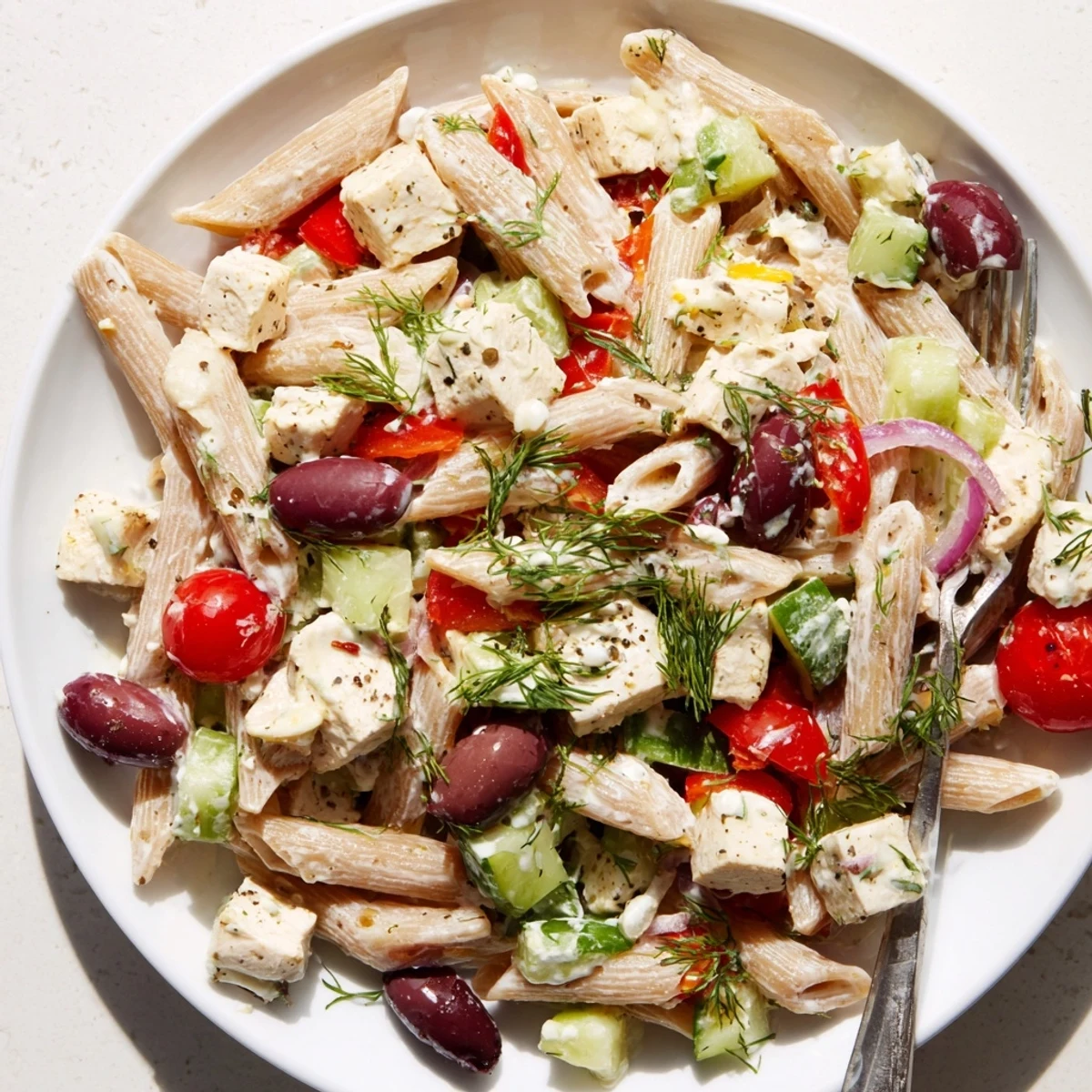 High Protein Greek Pasta Salad tossed in tangy yogurt dressing with Kalamata olives and fresh herbs