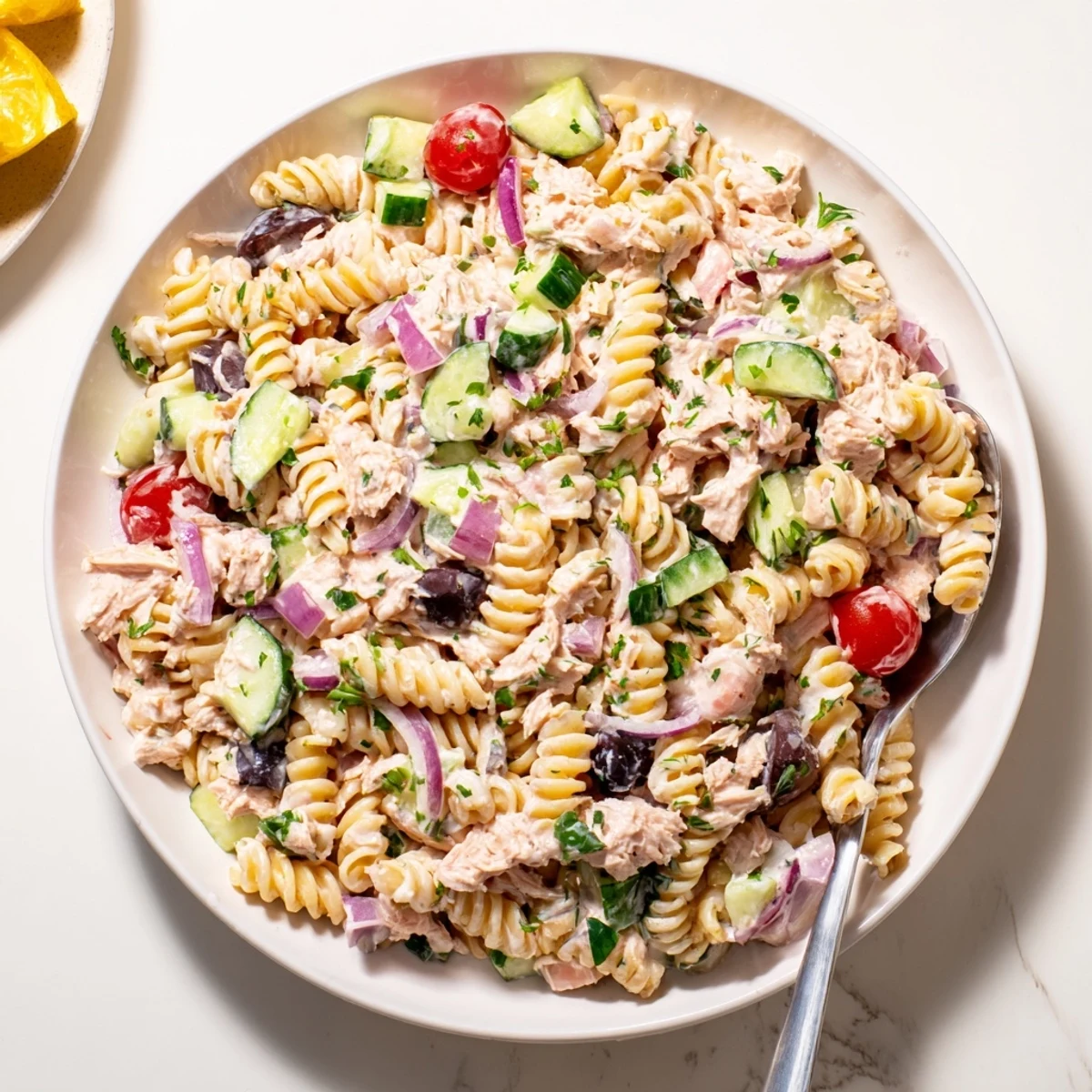 Creamy tuna pasta salad in a white bowl with cherry tomatoes and crisp celery