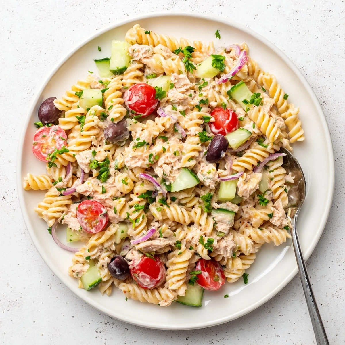 Chilled tuna pasta salad topped with black olives and fresh parsley garnish