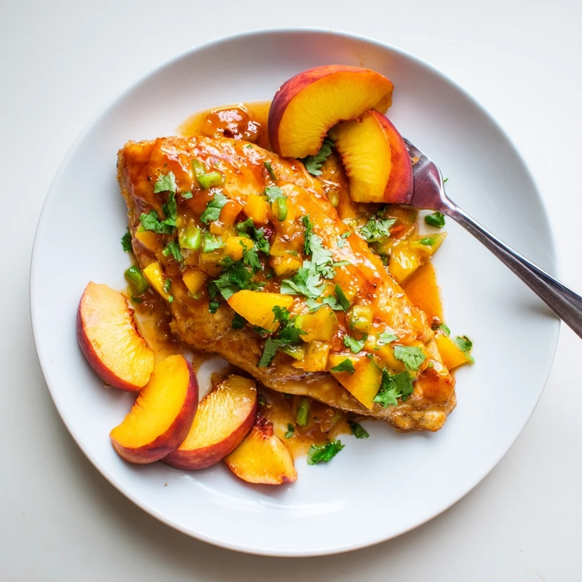 Golden seared Jalapeno Peach Chicken glazed with sweet-spicy sauce and fresh peach slices.