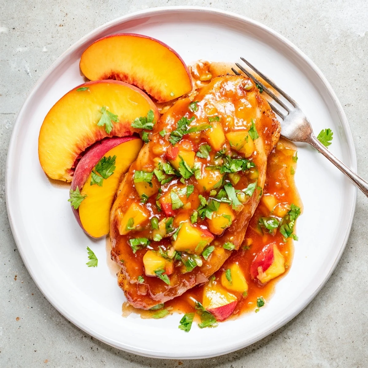 Juicy Jalapeno Peach Chicken in glistening orange sauce topped with bright green herbs.
