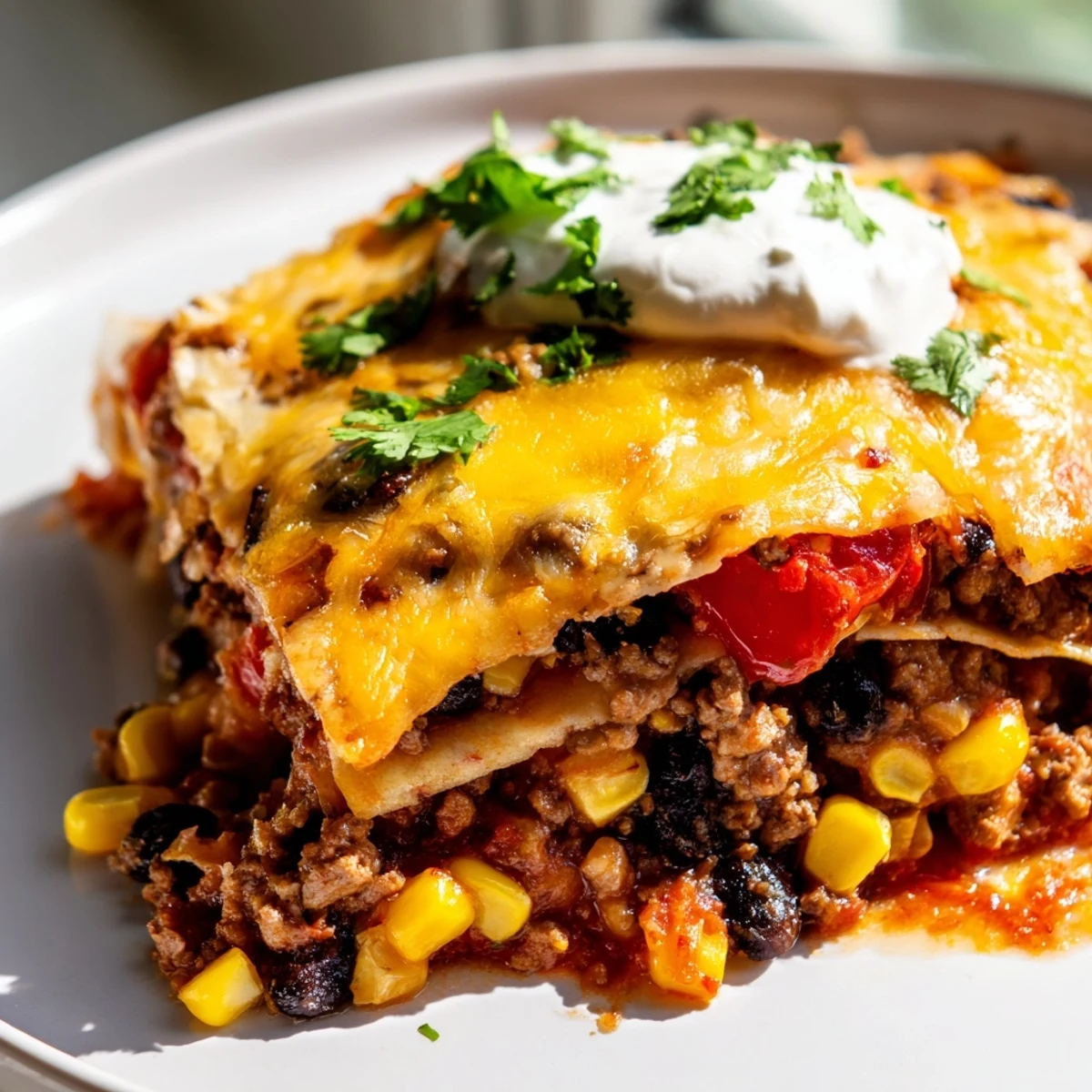 Golden melted cheese tops this Mexican lasagna with layers of seasoned beef and beans