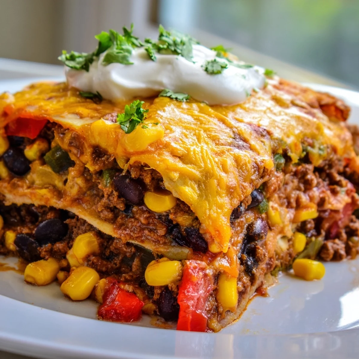 Warm Mexican lasagna slices reveal layers of tortillas, spicy beef, and melted cheese