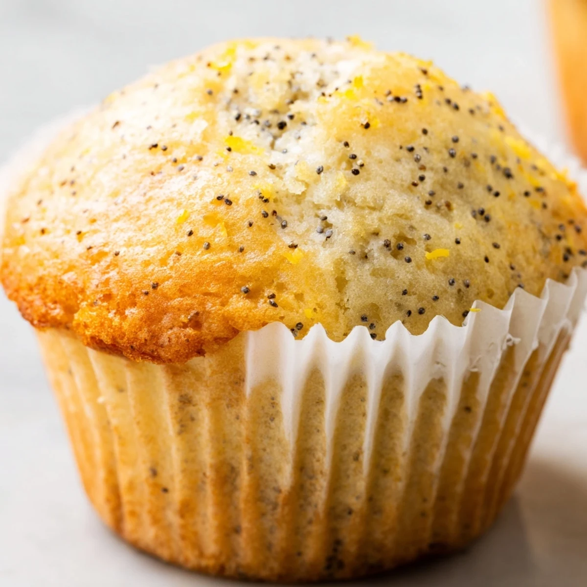 Golden lemon poppy seed muffins with domed tops sitting in a rustic muffin tin ready for serving
