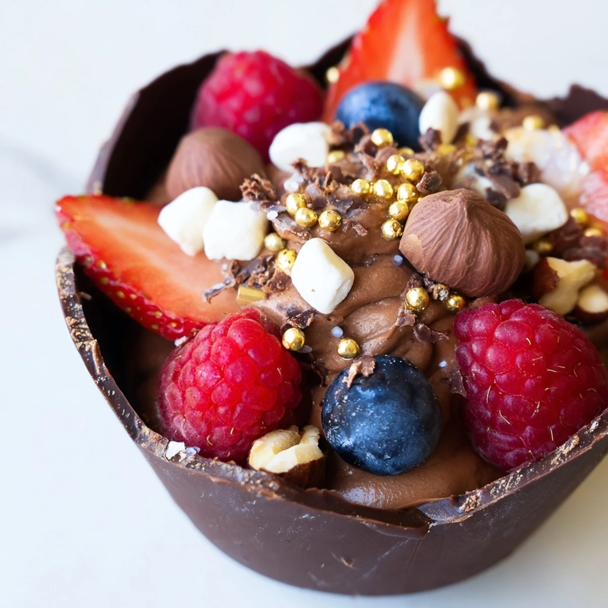 Chocolate grazing cups filled with creamy mousse and topped with fresh berries and nuts