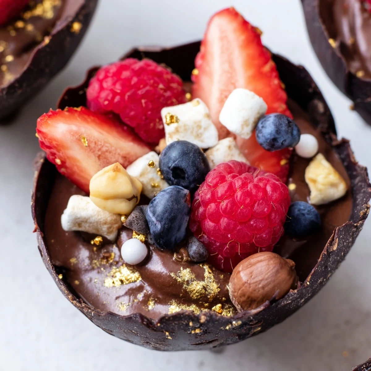 Elegant chocolate grazing cups with rich mousse, juicy berries, and crunchy nut garnishes