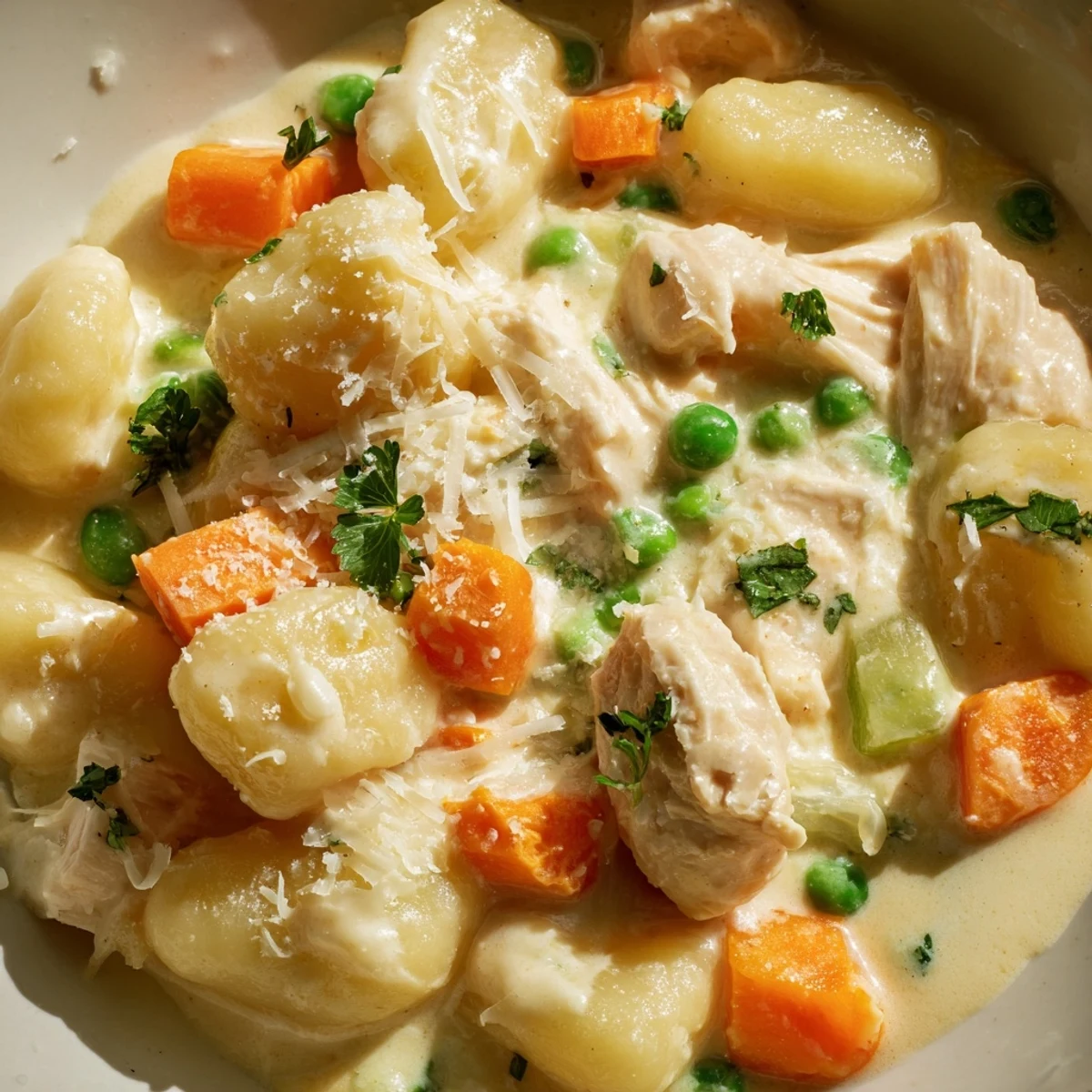 One Pot Gnocchi Chicken Pot Pie in a creamy sauce with tender vegetables and golden finish