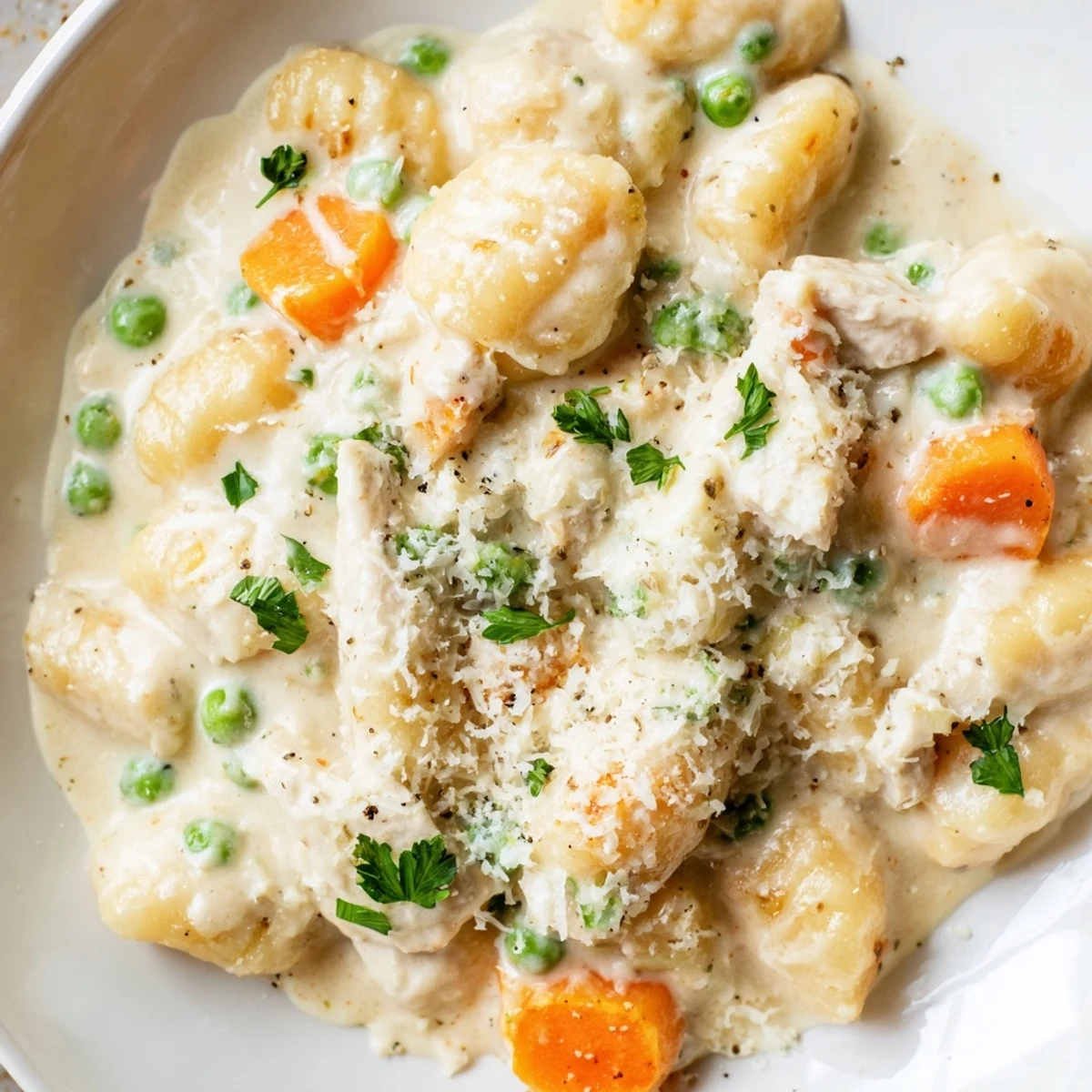 Creamy One Pot Gnocchi Chicken Pot Pie topped with fresh parsley and melted Parmesan