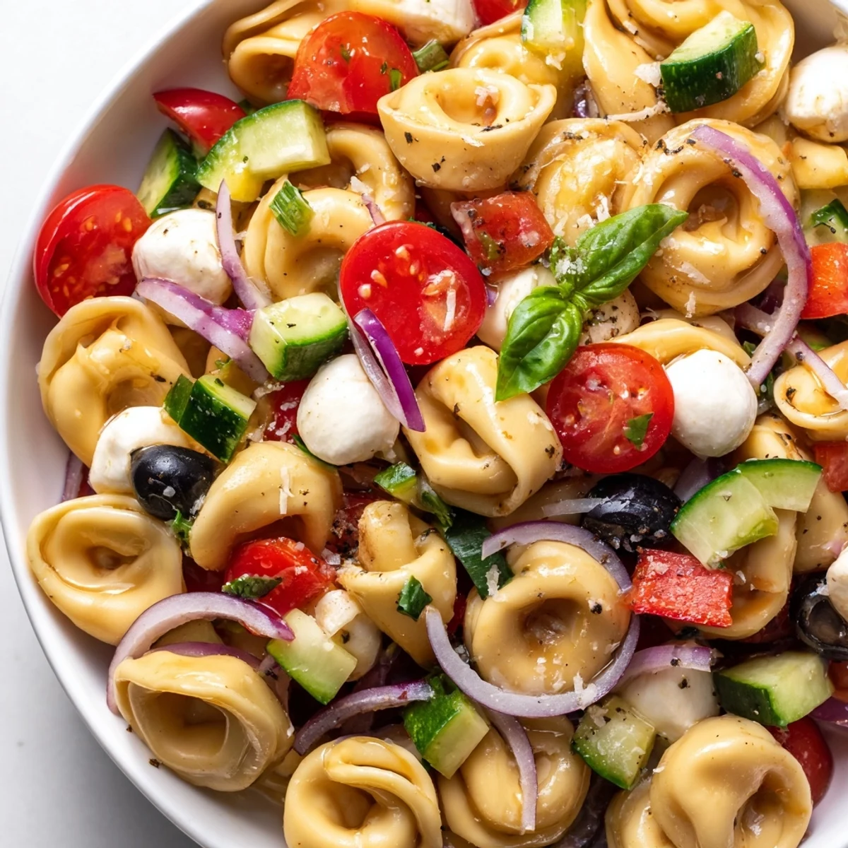 Colorful tortellini salad with cherry tomatoes, cucumber, and tangy Italian dressing in a serving bowl
