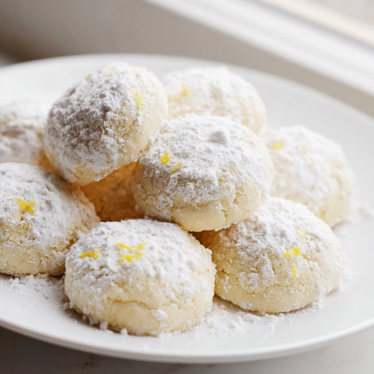 Lemon Meltaways dusted with snowy powdered sugar on a rustic white ceramic plate