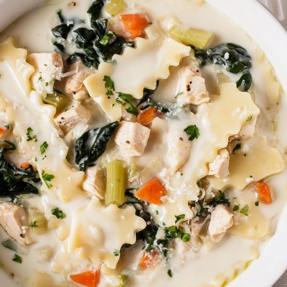 Creamy Italian white lasagna soup in a white bowl with melted cheese and fresh parsley