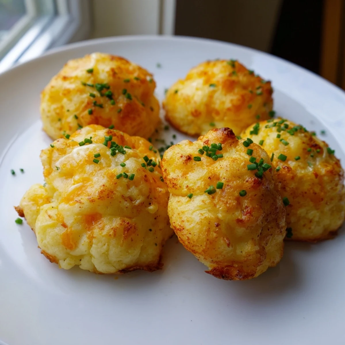 Close-up of Mashed Potato Cheese Puffs with melted cheddar and fresh chive garnish