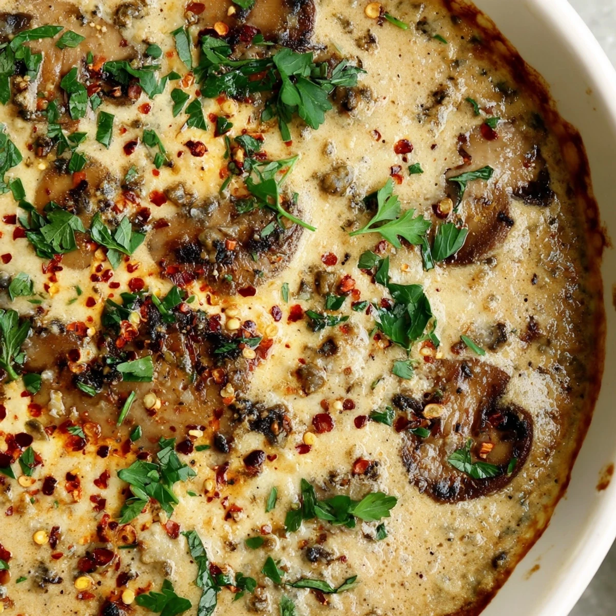 Creamy stuffed mushroom dip bubbling with melted cheese in a golden ovenproof skillet