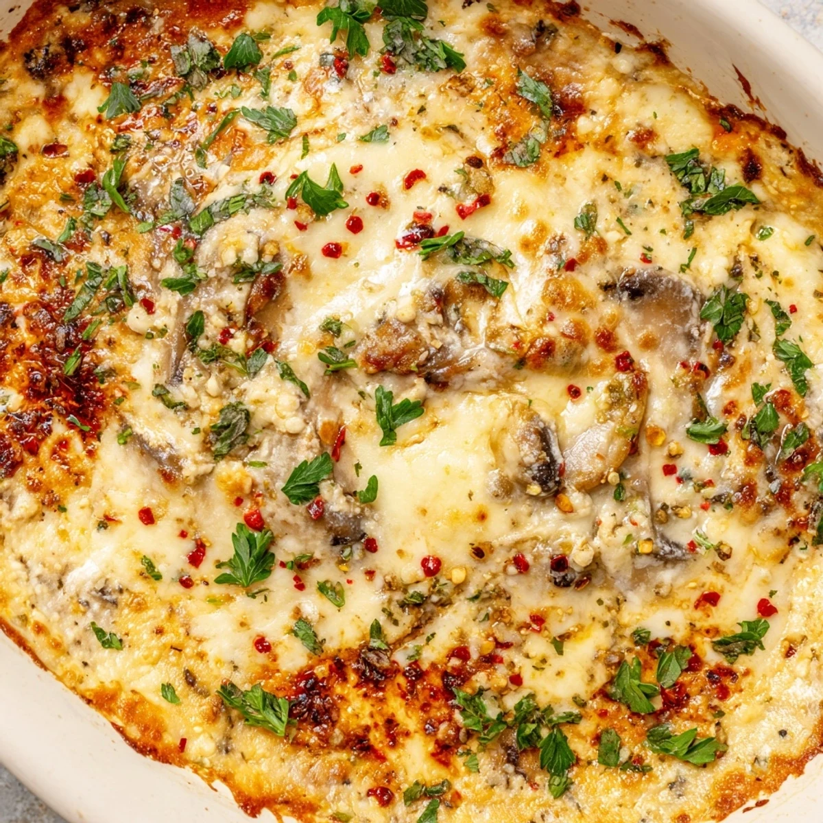 Warm stuffed mushroom dip served with crispy baguette slices and fresh crackers