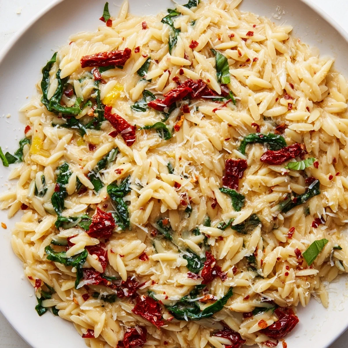 Creamy Tuscan orzo in a skillet with sun-dried tomatoes and wilted spinach