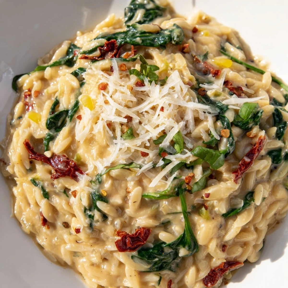 Steaming bowl of Creamy Tuscan orzo topped with fresh basil and Parmesan