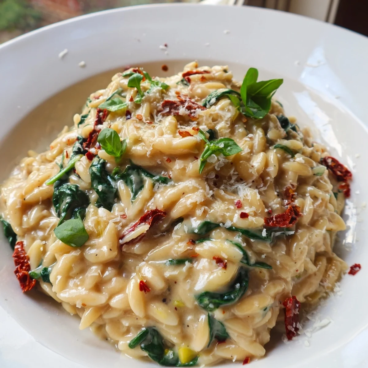 Creamy Tuscan orzo garnished with chili flakes served in a rustic white dish