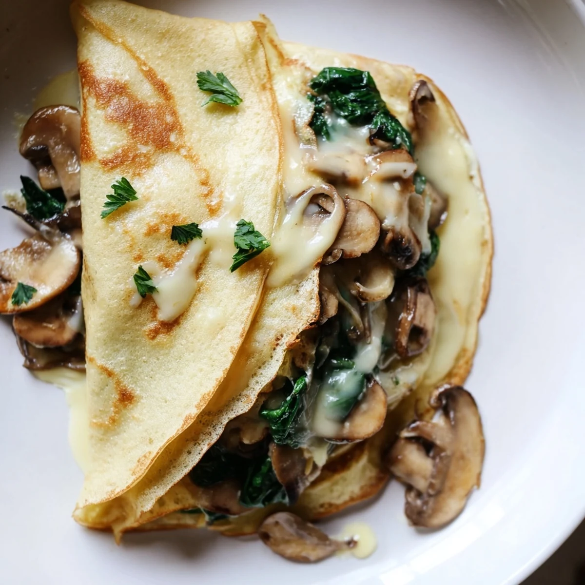 Golden savory crepes filled with sautéed spinach, mushrooms, and melted Gruyère cheese