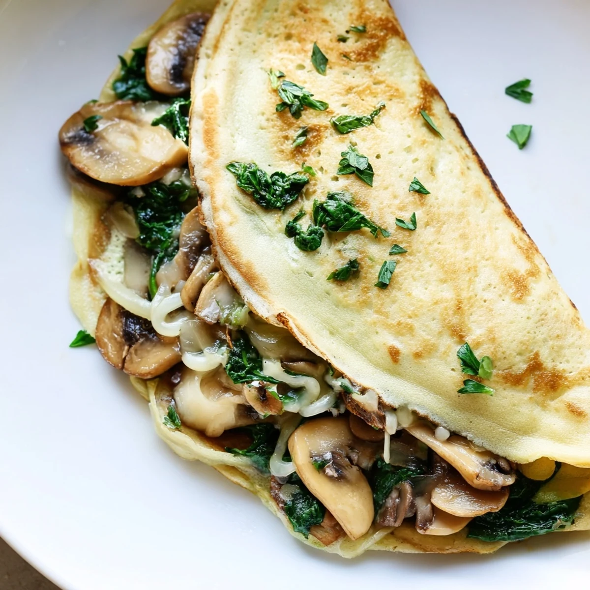 Savory crepes topped with fresh herbs, served warm on a white plate