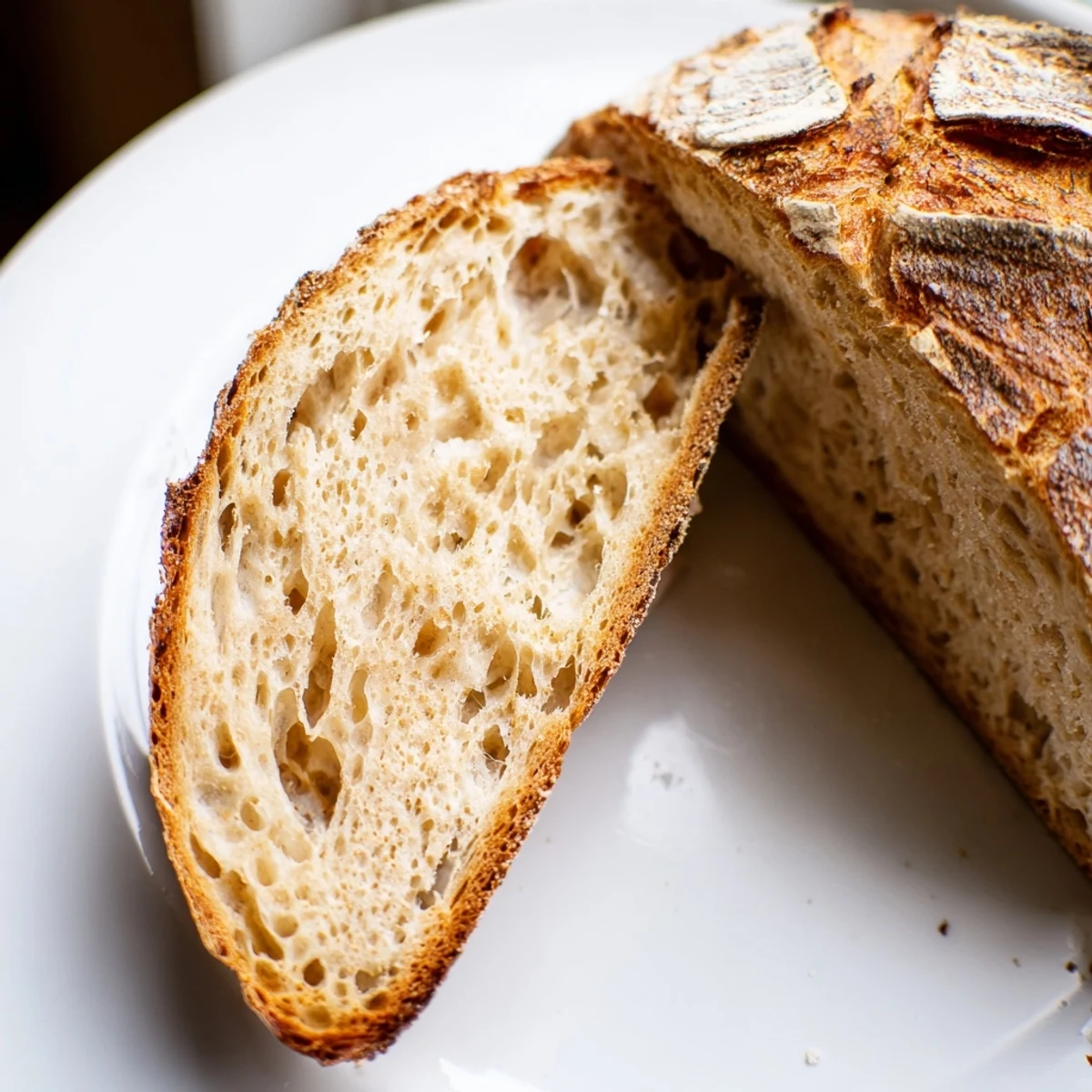 Rustic sourdough bread sliced open revealing a chewy tangy crumb interior