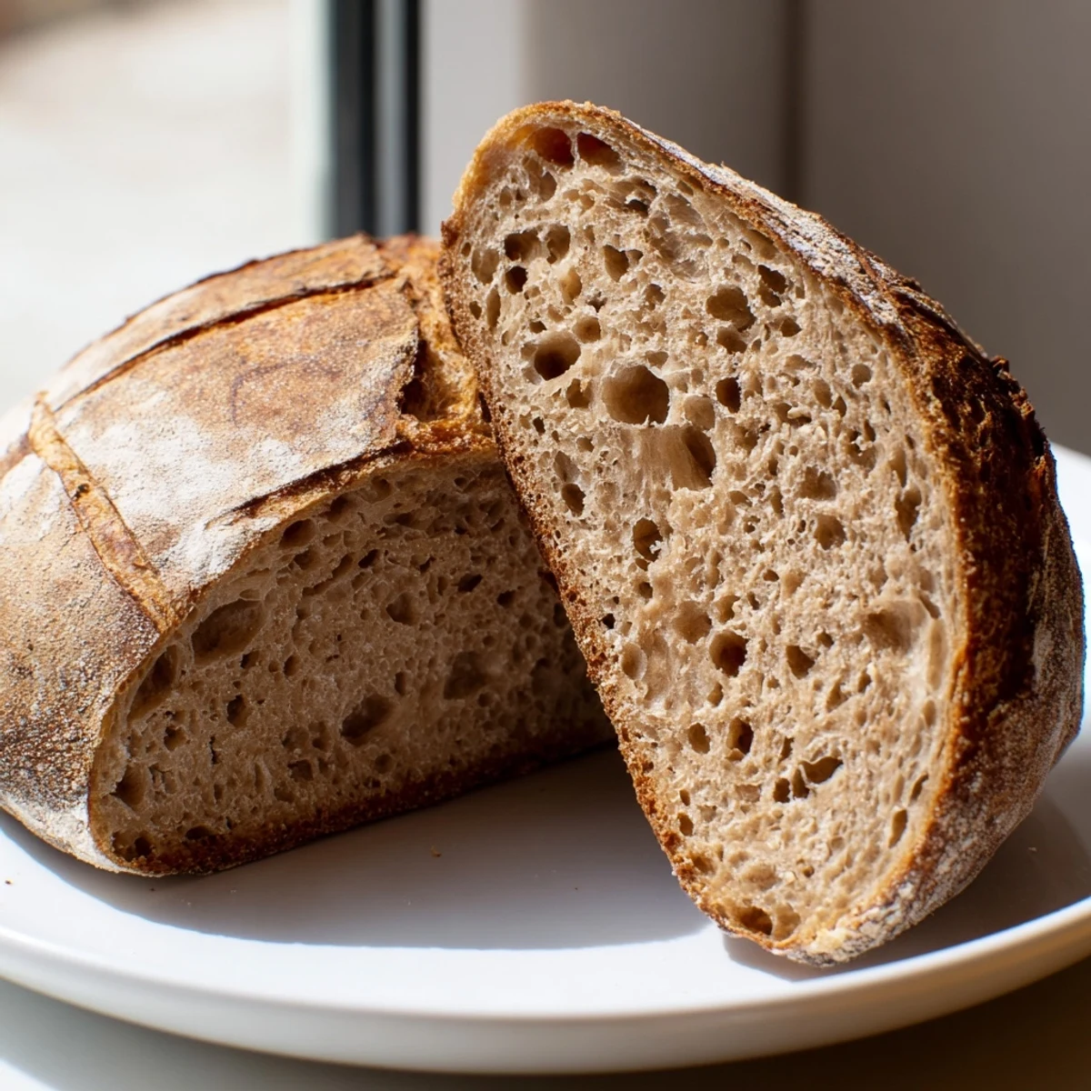 Golden crusty sourdough bread fresh from the oven with a crackled artisan crust