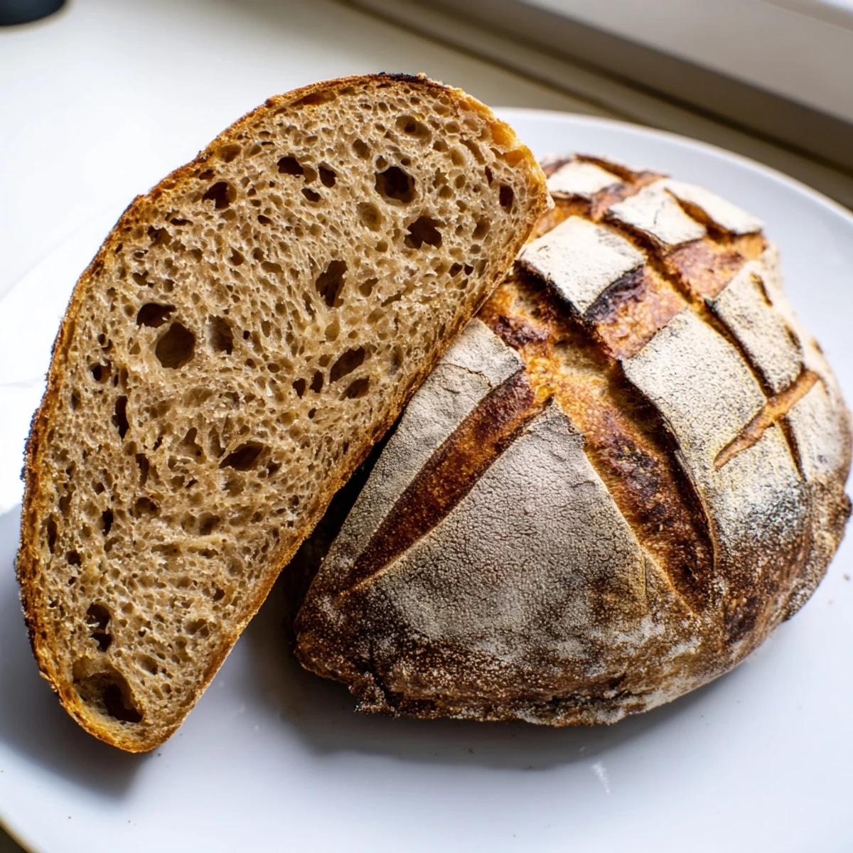 Warm sourdough bread loaf resting on a wire rack beside cultured butter