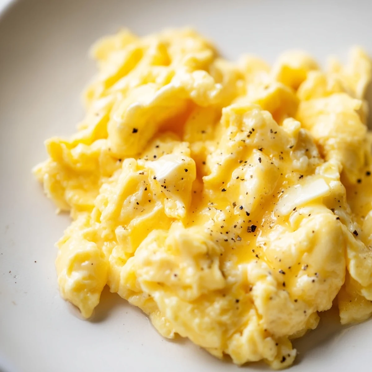 Creamy scrambled eggs with soft golden curds piled on a warm breakfast plate
