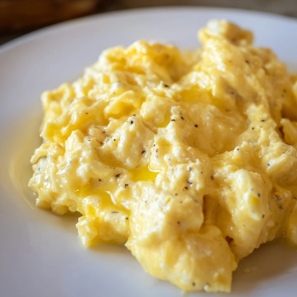 Fluffy scrambled eggs gently folded in butter and served with crispy toast
