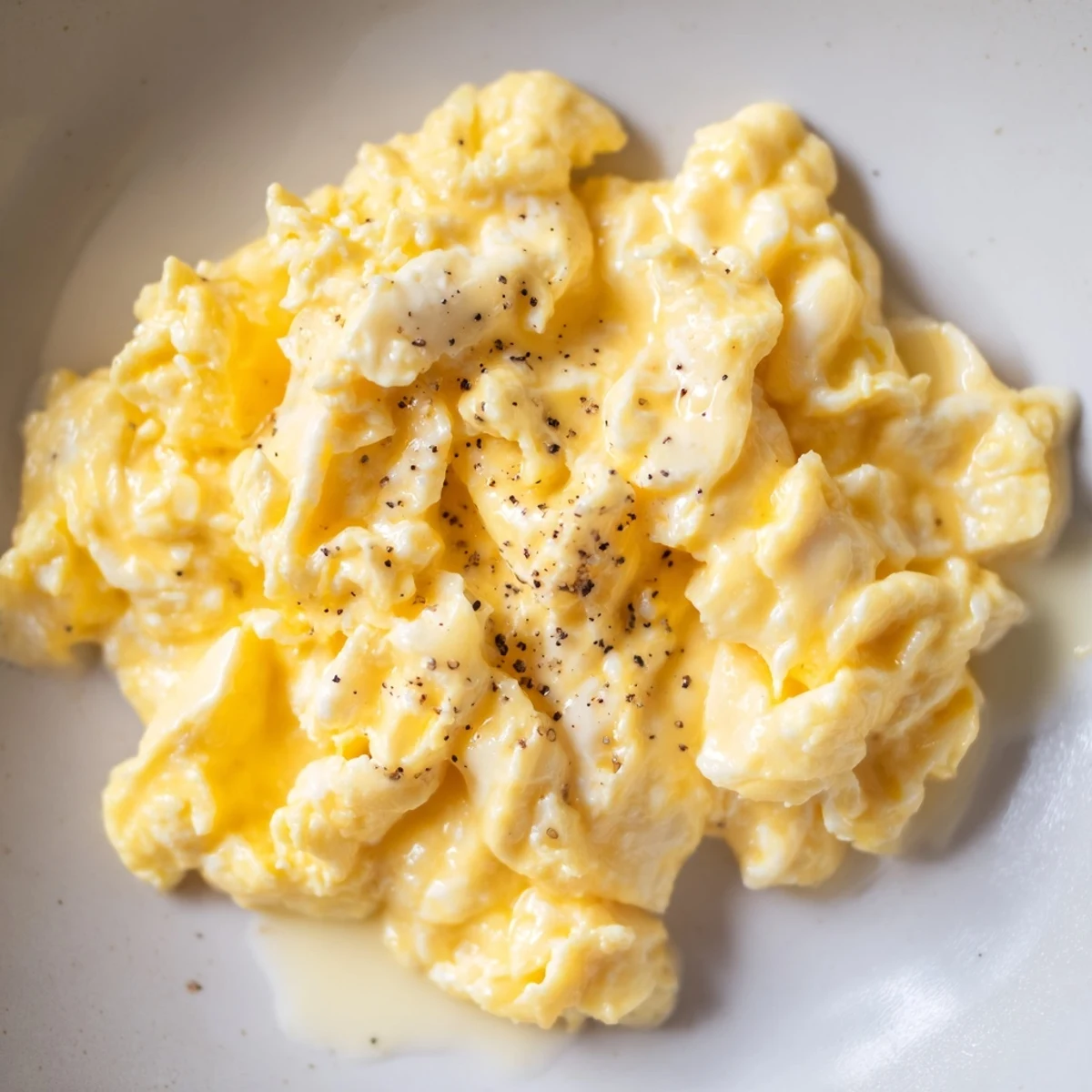 Rich scrambled eggs garnished with fresh herbs in a cast iron skillet