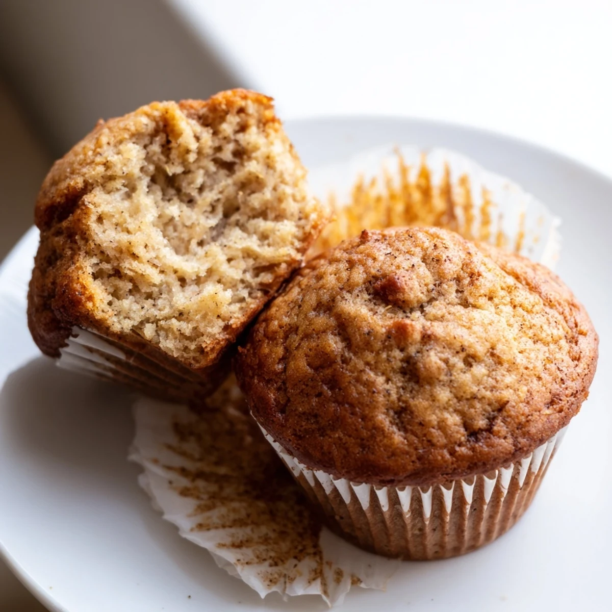 Warm banana muffins nestled in paper liners dusted with cinnamon