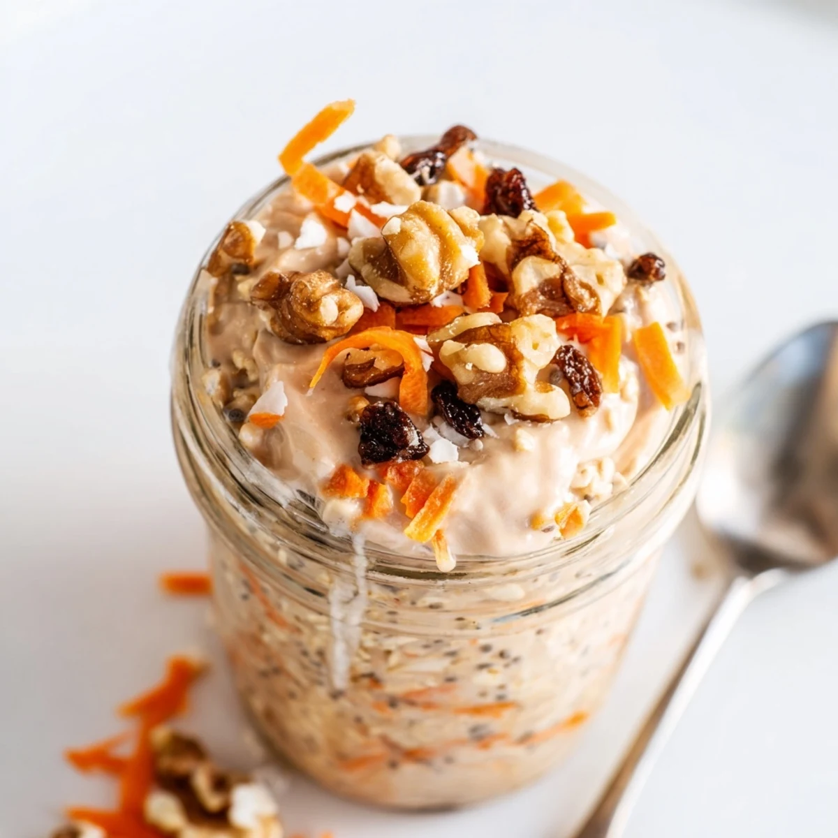 Creamy Carrot Cake Overnight Oats with grated carrots, raisins, and a swirl of maple drizzle
