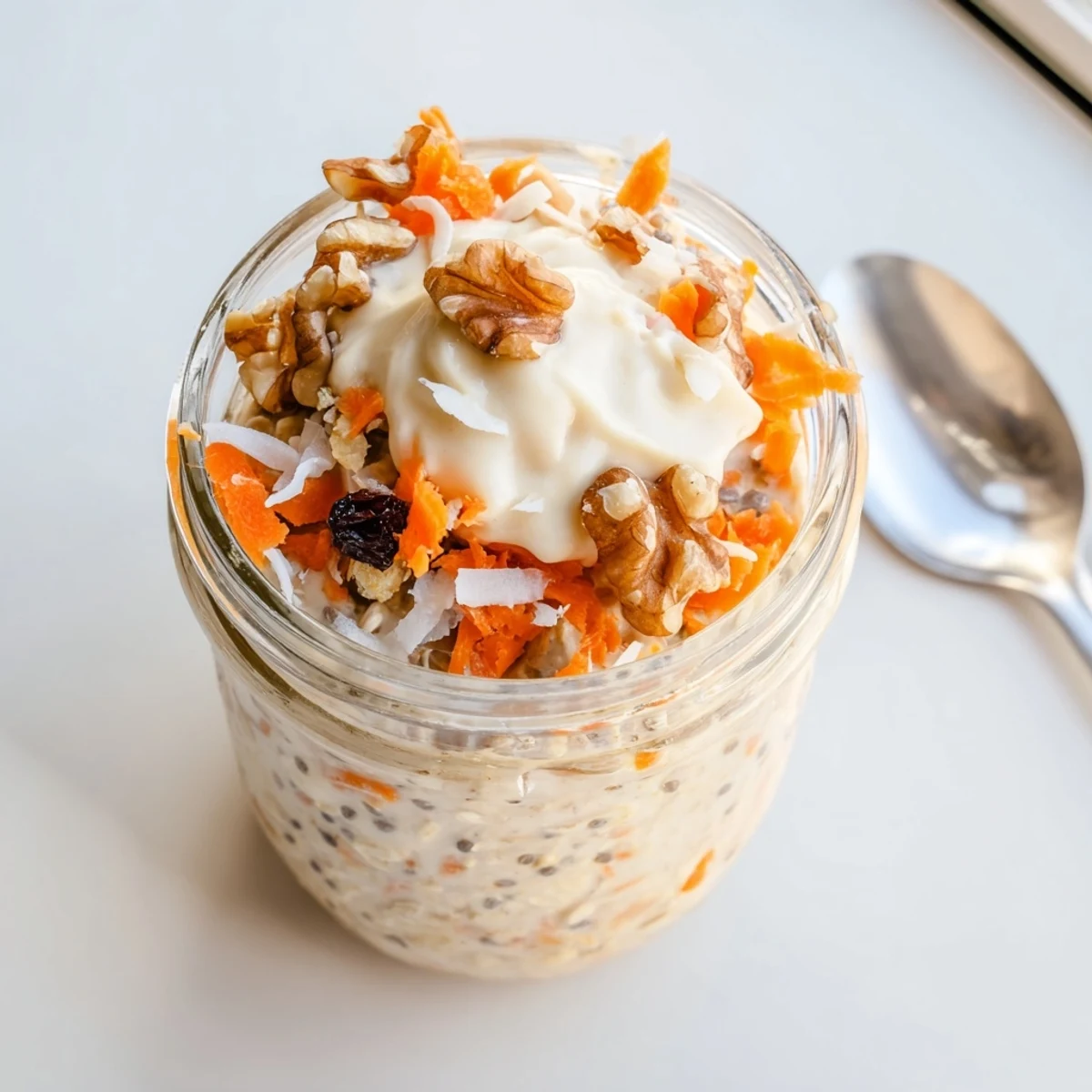 Carrot Cake Overnight Oats served in glass jars with cinnamon, coconut flakes, and pecan garnish