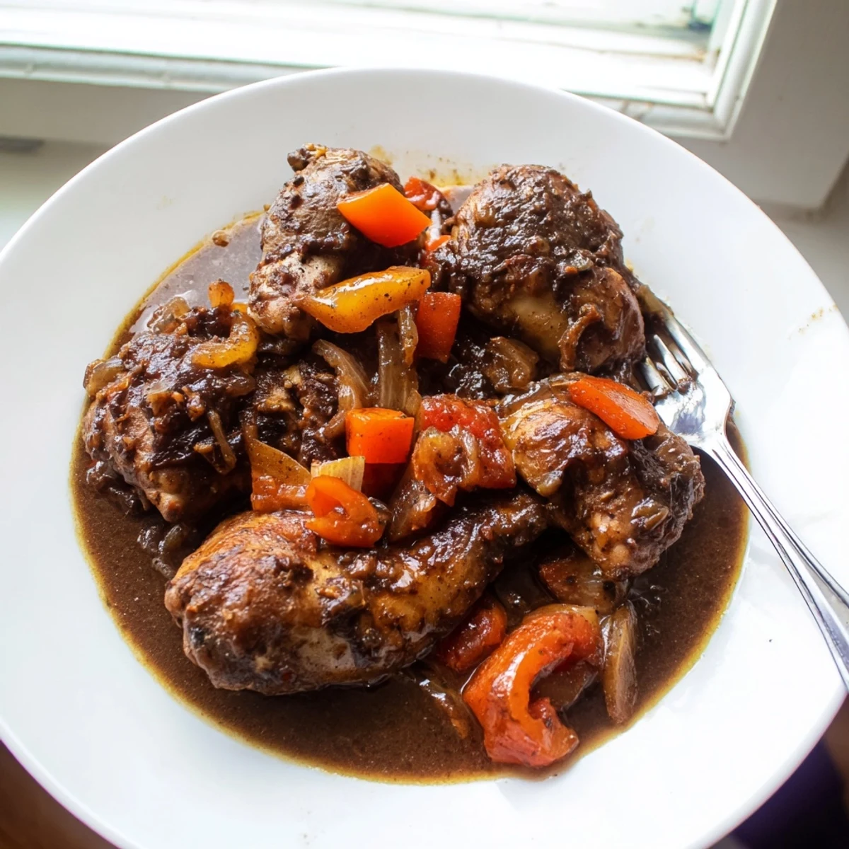 Tender Jamaican brown stew chicken simmered in a rich, dark spiced gravy with sliced bell peppers and carrots.