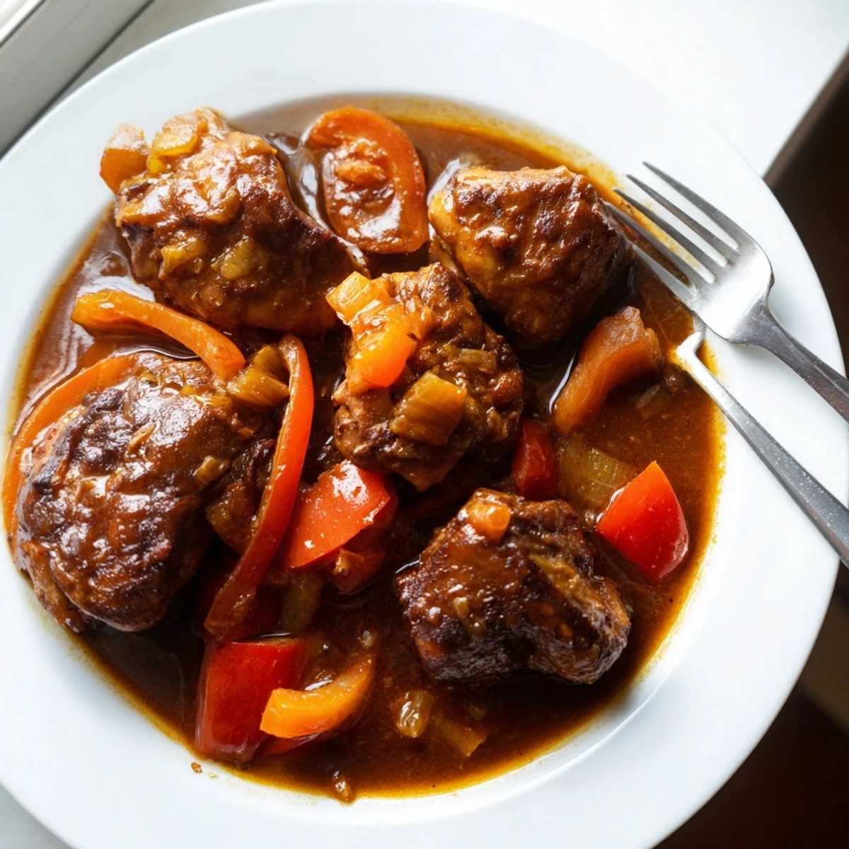 Juicy Jamaican brown stew chicken in a deep brown tomato-based stew alongside steamed rice and peas.