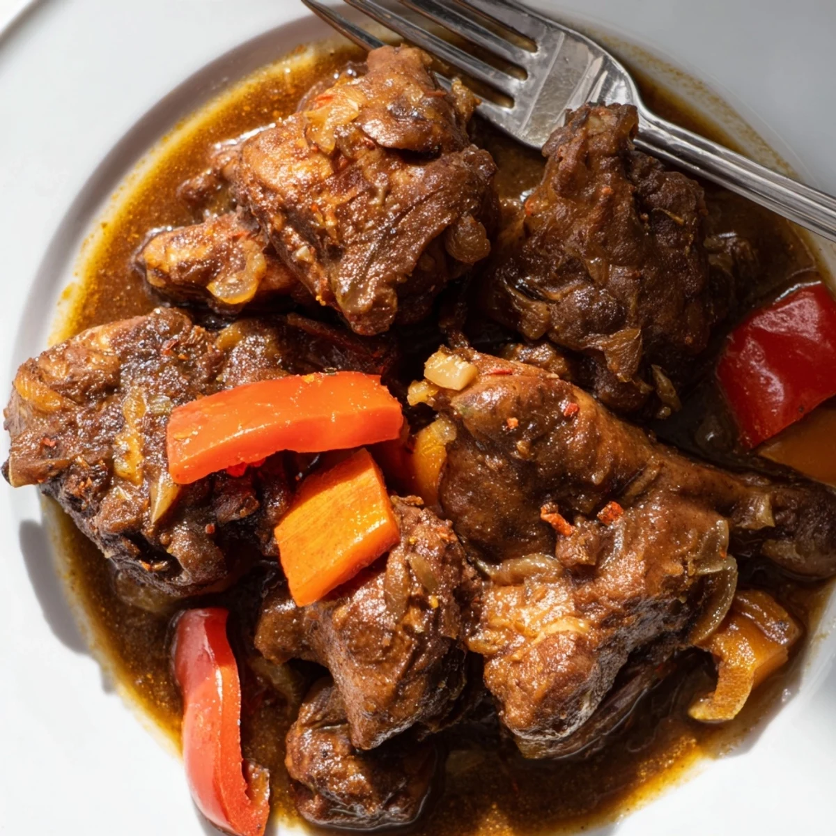 Golden seared Jamaican brown stew chicken served over fluffy white rice, drizzled with thick savory island sauce.