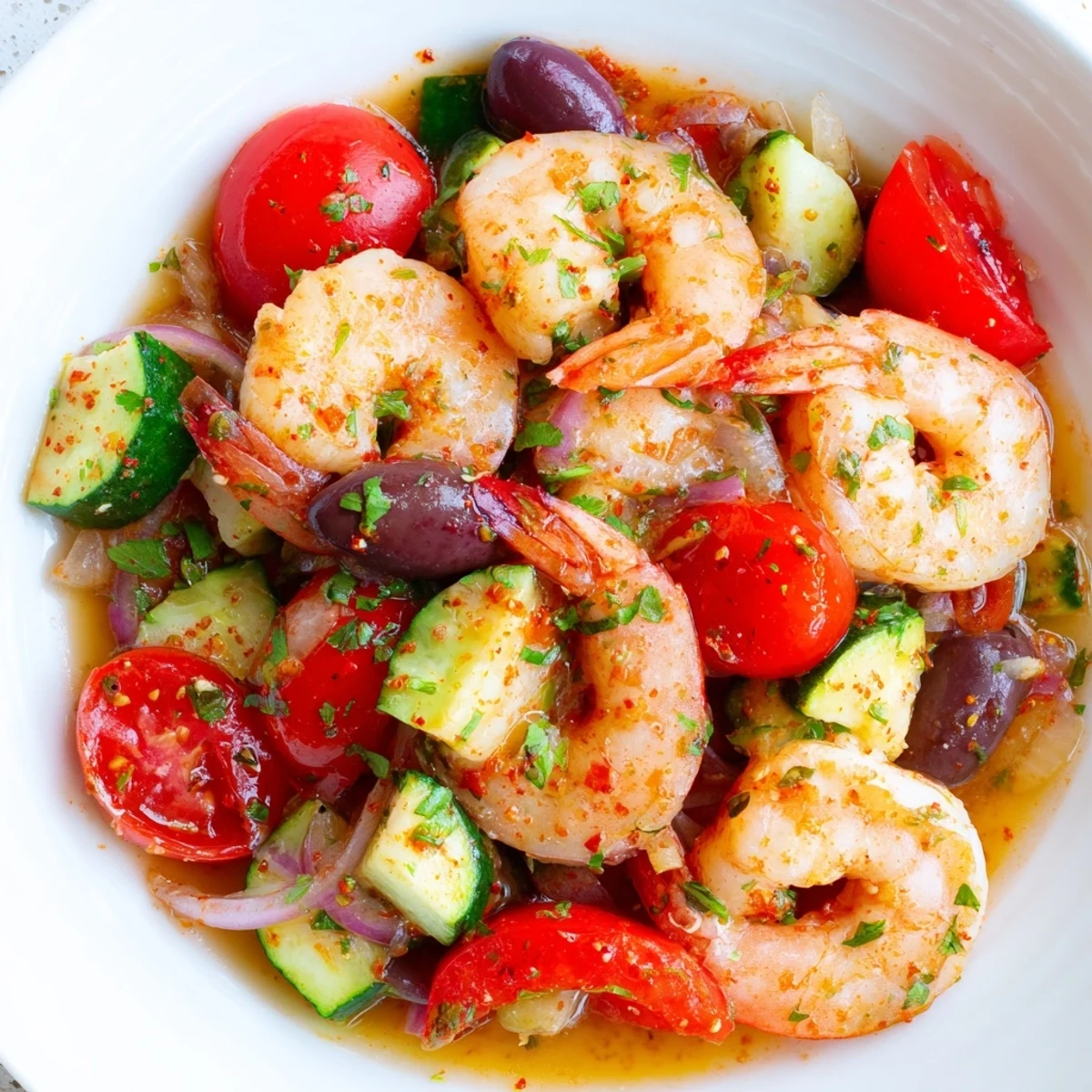 Golden pan-seared shrimp nestled among burst cherry tomatoes and Kalamata olives in this Mediterranean Shrimp Skillet.