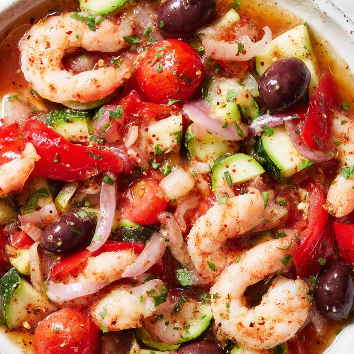 A steaming Mediterranean Shrimp Skillet garnished with fresh parsley and served with lemon wedges.