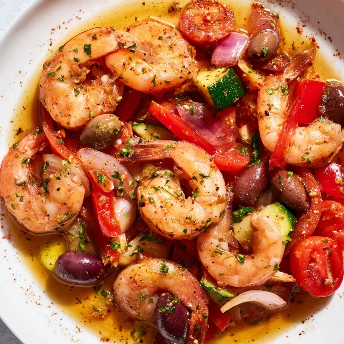 Sizzling one-pan Mediterranean Shrimp Skillet with juicy pink shrimp, zucchini, and a rich tomato olive sauce.