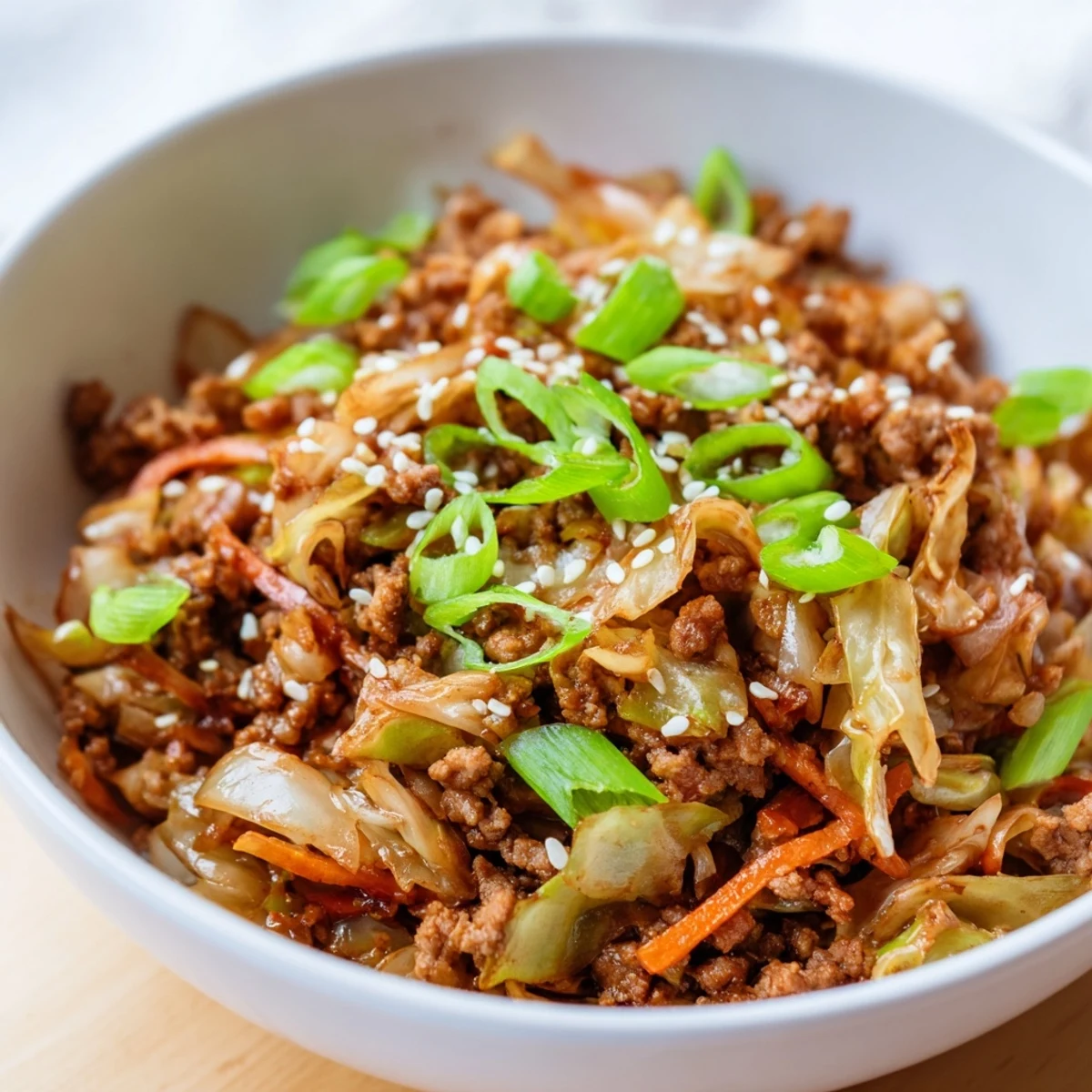 Steamy keto egg roll in a bowl topped with sesame seeds and sliced green onions