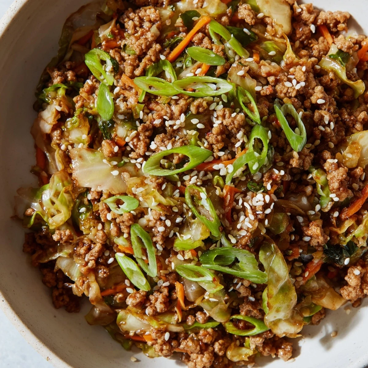 Glowing ground pork keto egg roll in a bowl with shredded carrots and sesame garnish