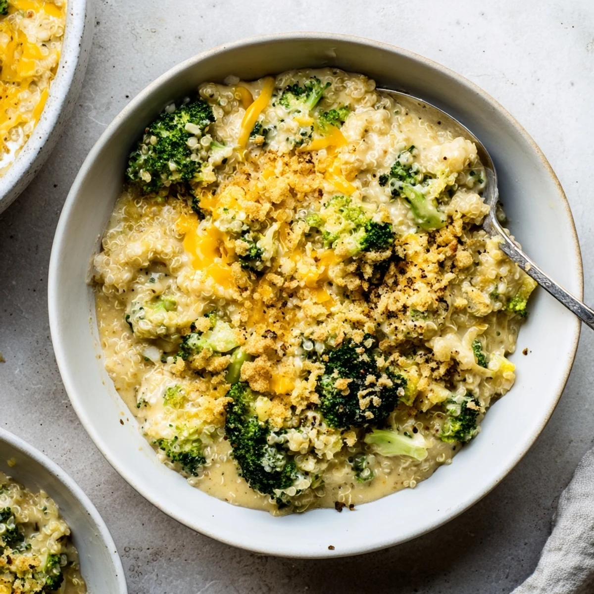Golden creamy broccoli quinoa casserole fresh from the oven with melted cheddar topping
