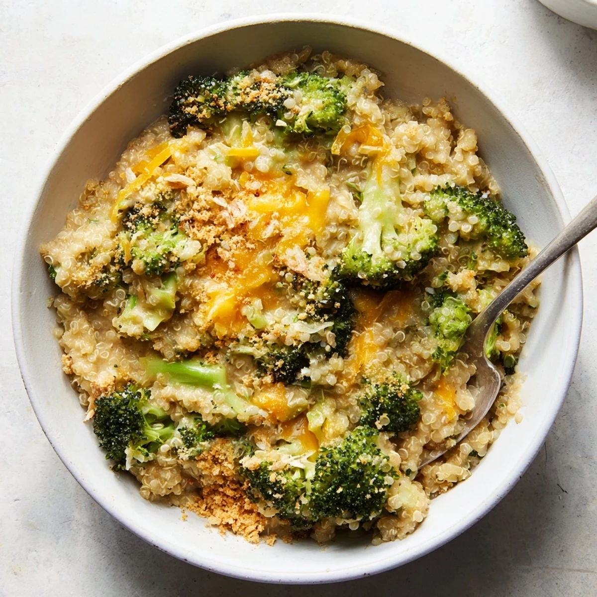 Tender broccoli and fluffy quinoa baked in a rich creamy sauce for family dinner