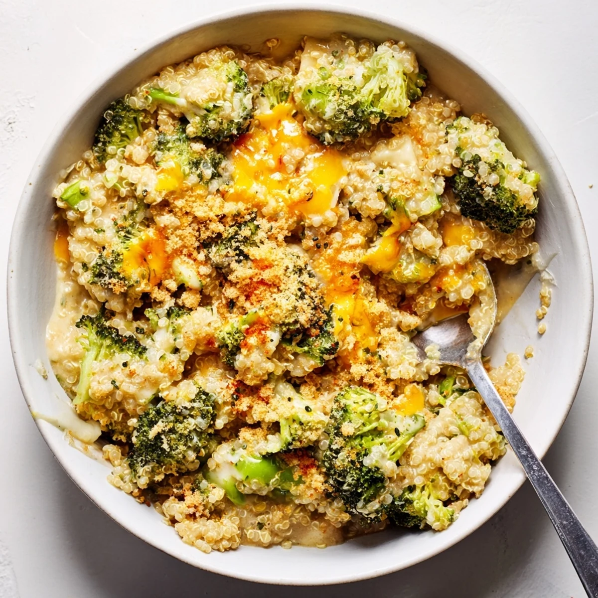 Bubbly vegetarian broccoli quinoa casserole served warm in a rustic baking dish