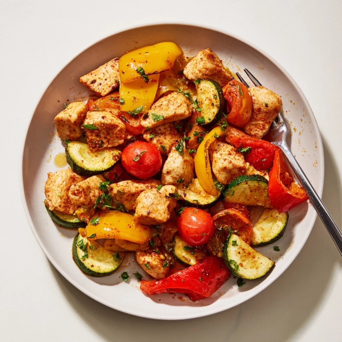 Golden skillet of quick flavorful one pan dish with tender chicken and colorful vegetables