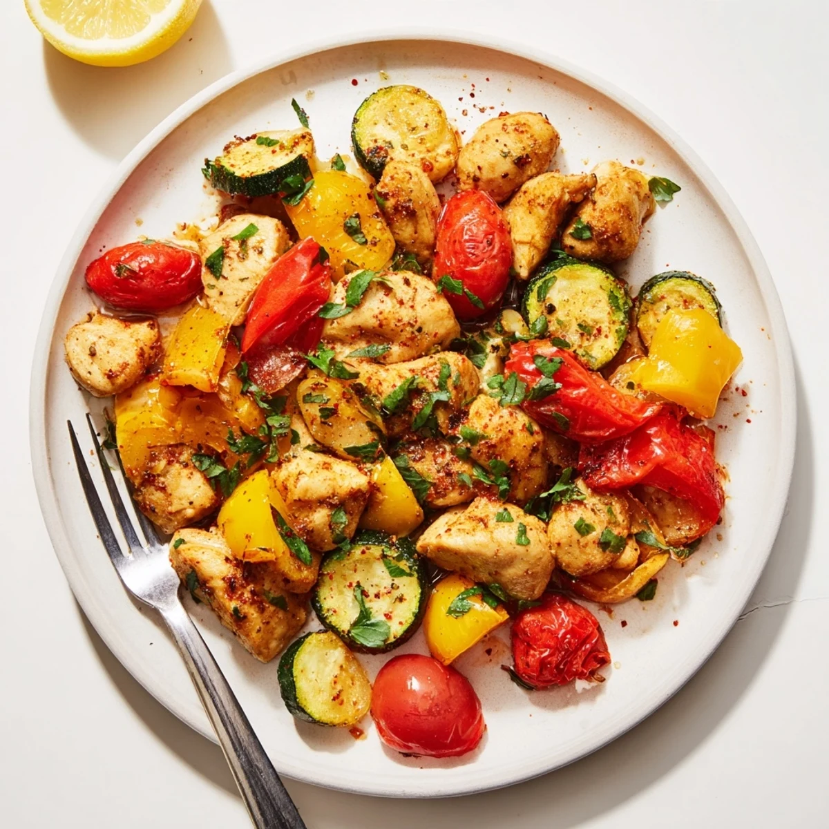 Sizzling quick flavorful one pan dish served hot with juicy chicken and roasted peppers