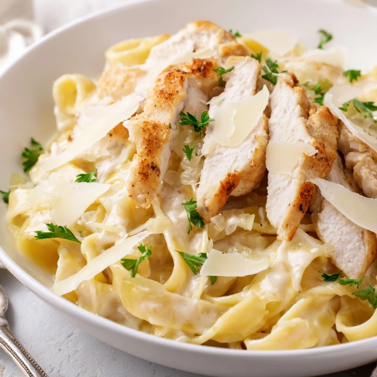 Creamy Garlic Chicken Pasta plated in shallow bowl, steam rising, parsley garnish  