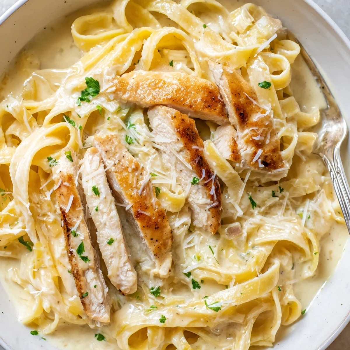 Seared chicken sliced over Creamy Garlic Chicken Pasta, silky sauce clinging to noodles  